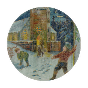 Frohe Weihnachten - Vintage Schneeballkampf Postka Schneidebrett