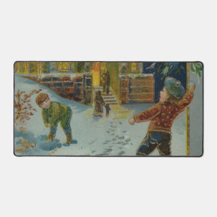 Frohe Weihnachten - Vintage Schneeballkampf Postka Schreibtischunterlage