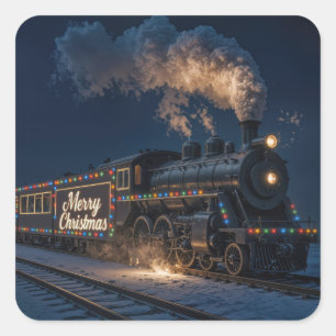 Frohe Weihnachten Vintage-Zug im Schnee Quadratischer Aufkleber