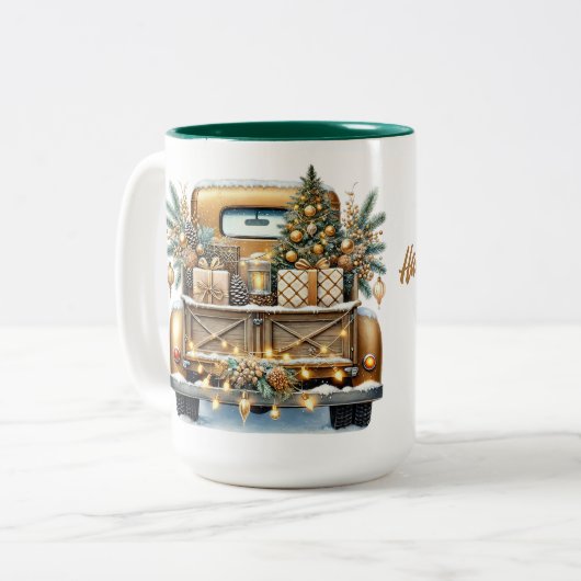 Frohe Weihnachten Vintager Gold Truck Zweifarbige Tasse (Vorderseite Links)
