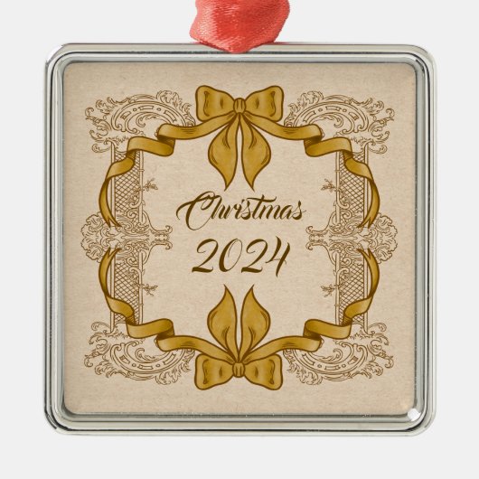 Frohe Weihnachten Vintager Goldbow Ornament Aus Metall (Vorne)