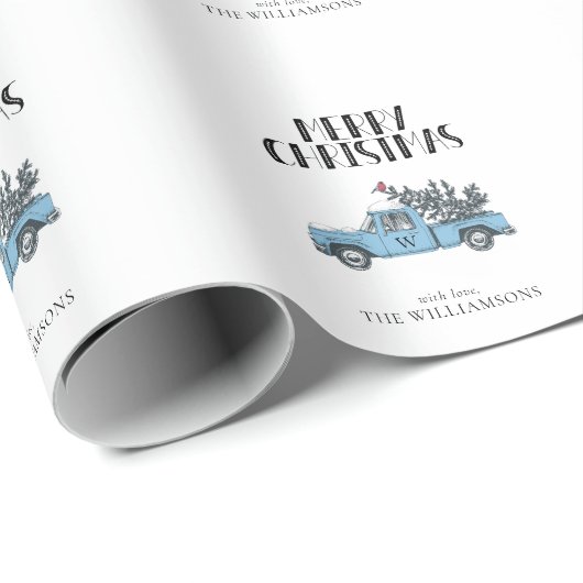 Frohe Weihnachten Vintager LKW und Baummonogramm Geschenkpapier (Rolleneckpunkt)