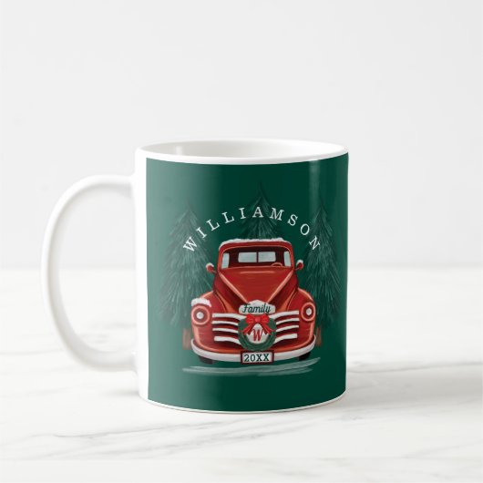 Frohe Weihnachten Vintager Red Truck Weihnachtsbau Kaffeetasse (Links)