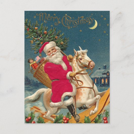 Frohe Weihnachten Vintager Weihnachtsmann am Pferd Postkarte (Vorderseite)
