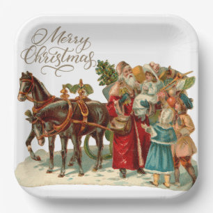 Frohe Weihnachten Vintager Weihnachtsmann mit Kind Pappteller