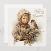 Frohe Weihnachten Vintages Kind mit Vogel (Vorne/Hinten)
