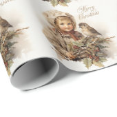 Frohe Weihnachten Vintages Kind mit Vogel Geschenkpapier (Rolleneckpunkt)