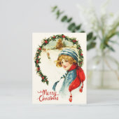 Frohe Weihnachten Vintages Kind, Weihnachtskranz Postkarte (Stehend Vorderseite)