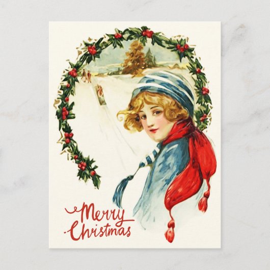 Frohe Weihnachten Vintages Kind, Weihnachtskranz Postkarte (Vorderseite)