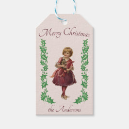 Frohe Weihnachten Vintages kleines Mädchen und Hol Geschenkanhänger