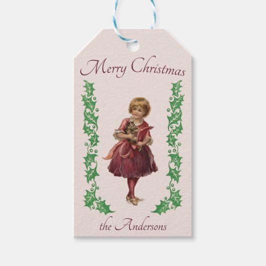 Frohe Weihnachten Vintages kleines Mädchen und Hol Geschenkanhänger (Vorderseite)