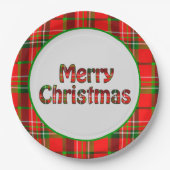 Frohe Weihnachten Vivid Red Green Tartan Typografi Pappteller (Vorderseite)