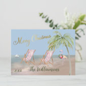 Frohe Weihnachten vom Strand Palm Tree Flamingo Karte (Stehend Vorderseite)