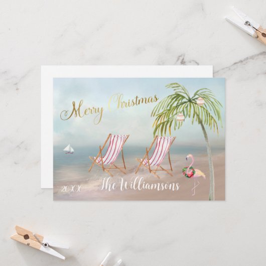 Frohe Weihnachten vom Strand Palm Tree Flamingo Karte (Vorderseite/Rückseite Beispiel)