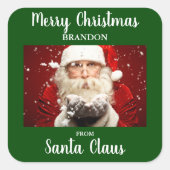 Frohe Weihnachten vom Weihnachtsmann ADD NAME Gree Quadratischer Aufkleber (Vorderseite)