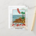 Frohe Weihnachten von California Beach Palm Trees<br><div class="desc">Frohe Weihnachtsgrüße aus Kalifornien mit einer Aquarellbilderung eines Strandes im Winter mit Palmen und sanften Wellen an der Küste mit einem Zweig von Winterbeeren und der Staat Form handgemalt mit Aquarell. Eine gute Art,  Urlaubswünsche an Freunde,  Familie,  Brieffreunde,  Kunden oder Kunden zu senden.</div>