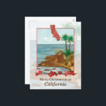Frohe Weihnachten von California Beach Palm Trees<br><div class="desc">Frohe Weihnachtsgrüße aus Kalifornien mit einer Aquarellbilderung eines Strandes im Winter mit Palmen und sanften Wellen an der Küste mit einem Zweig von Winterbeeren und der Staat Form handgemalt mit Aquarell. Eine gute Art,  Urlaubswünsche an Freunde,  Familie,  Brieffreunde,  Kunden oder Kunden zu senden.</div>