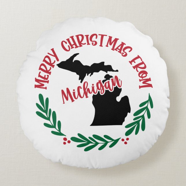 Frohe Weihnachten von Michigan US Red Green Rundes Kissen (Vorderseite)