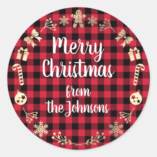 Frohe Weihnachten von Name Gold Buffalo Red Karier Runder Aufkleber (Vorderseite)