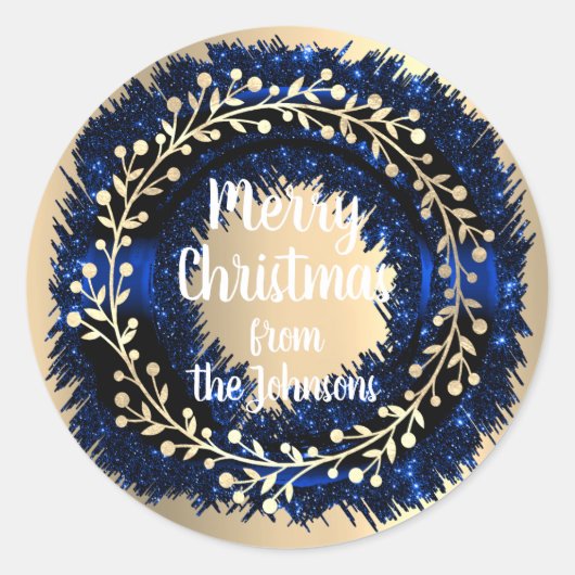 Frohe Weihnachten von Navy Gold Glitzer Wreath Runder Aufkleber (Vorderseite)
