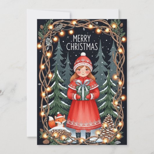Frohe Weihnachten Wald Mädchen Karte (Vorderseite)