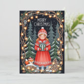 Frohe Weihnachten Wald Mädchen Karte (Stehend Vorderseite)