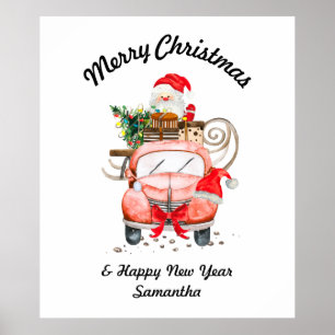 Frohe Weihnachten Wasserfarbe Santa Auto Geschenk Poster