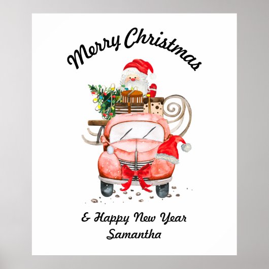 Frohe Weihnachten Wasserfarbe Santa Auto Geschenk Poster (Vorne)