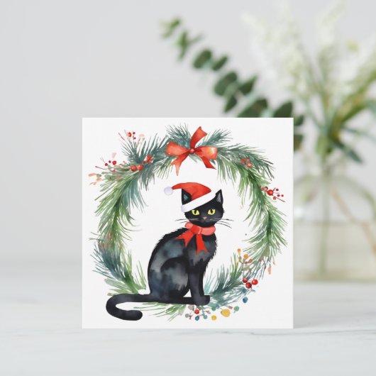 Frohe Weihnachten Wasserfarbe Schwarze Katze und W (Stehend Vorderseite)