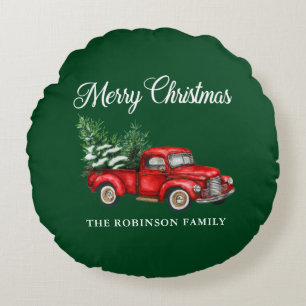 Frohe Weihnachten Wasserfarbe Vintage-Roter LKW Gr Rundes Kissen