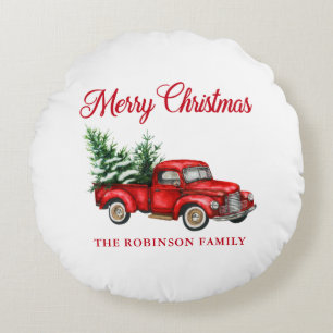Frohe Weihnachten Wasserfarbe Vintage-Roter LKW We Rundes Kissen