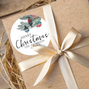 Frohe Weihnachten Wasserfarben Botanik Runder Aufkleber