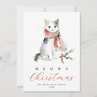 Frohe Weihnachten Wasserfarben-Katze & roter Schal