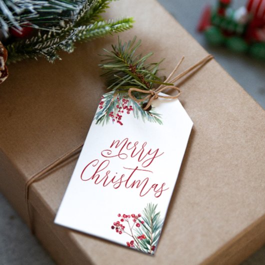 Frohe Weihnachten Wasserfarben Pine and Berries Geschenkanhänger