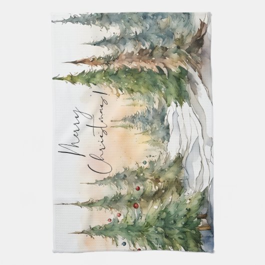 Frohe Weihnachten Wasserfarben Pine Trees Geschirrtuch (Vertikal)
