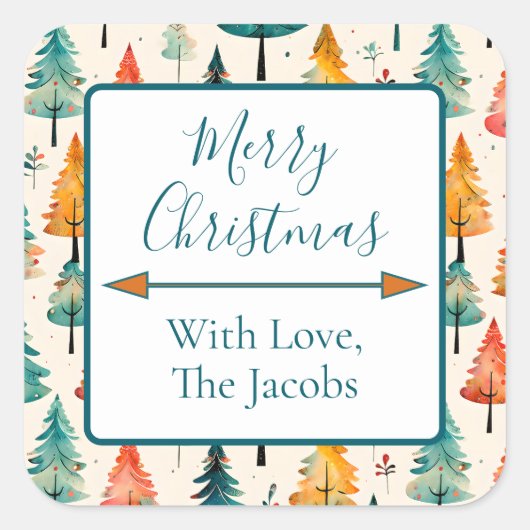 Frohe Weihnachten | Wasserfarbene Pine Trees Weihn Quadratischer Aufkleber (Vorderseite)