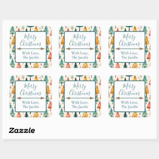 Frohe Weihnachten | Wasserfarbene Pine Trees Weihn Quadratischer Aufkleber (Blatt)