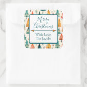 Frohe Weihnachten | Wasserfarbene Pine Trees Weihn Quadratischer Aufkleber (Tasche)