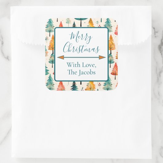 Frohe Weihnachten | Wasserfarbene Pine Trees Weihn Quadratischer Aufkleber (Tasche)