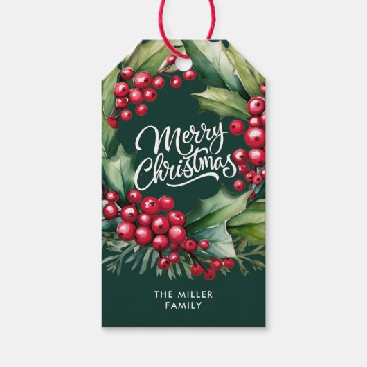 Frohe Weihnachten Wasserfarbengrün Berry Wreath Geschenkanhänger (Vorderseite)