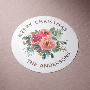 Frohe Weihnachten Watercolor Floral Winter Holid Runder Aufkleber