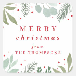 Frohe Weihnachten Watercolor Garland Winter Foliag Quadratischer Aufkleber