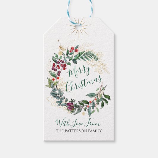 Frohe Weihnachten Watercolor Holly Berry Wreath Geschenkanhänger (Vorderseite)