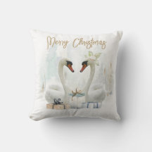 Frohe Weihnachten Watercolor Swans Throw Kissen