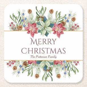Frohe Weihnachten Watercolor Winterblumen Name Rechteckiger Pappuntersetzer