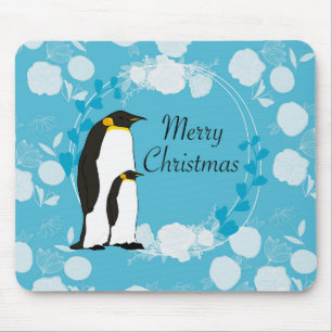 frohe weihnachten, weihnachten,pinguin,blumen,blau mousepad