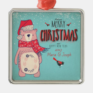 Frohe Weihnachten- Weihnachtsbär und bearbeitbarer Silbernes Ornament