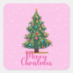 Frohe Weihnachten, Weihnachtsbaum, Feiertag, Rosa Quadratischer Aufkleber