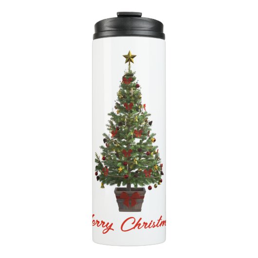 Frohe Weihnachten. Weihnachtsbaum Thermosbecher (Vorderseite)