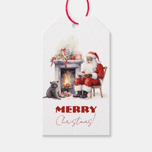 Frohe Weihnachten Weihnachtsmann am Kamin Geschenkanhänger (Vorderseite)